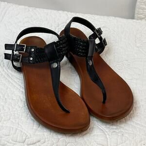 Mia Women 10 Black T-Post Braided Leather Strap Flat Vacation Cruise Sandals